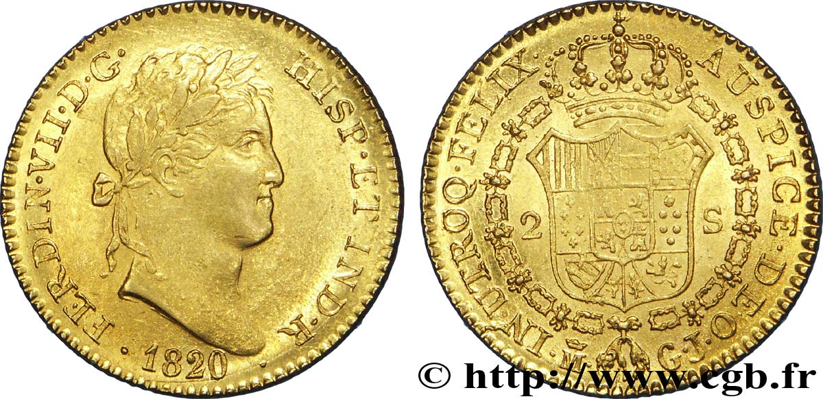 SPANIEN 2 Escudos or Roi Ferdinand VII / écu couronné 1820 Madrid VZ 