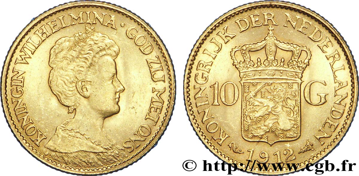 NETHERLANDS 10 Guldens or ou 10 Florins Wilhelmine / écu couronné 1912 Utrecht AU 