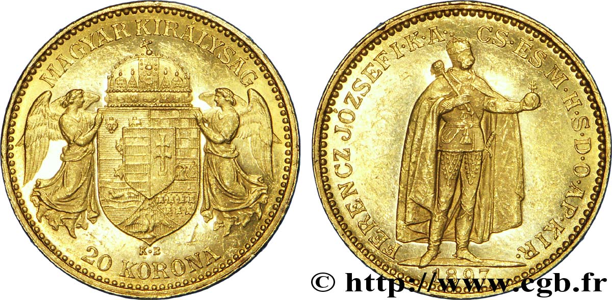 UNGHERIA 20 Korona François Joseph / écu de Hongrie 1897 Kremnitz, KB, 1.819.000 ex MS 