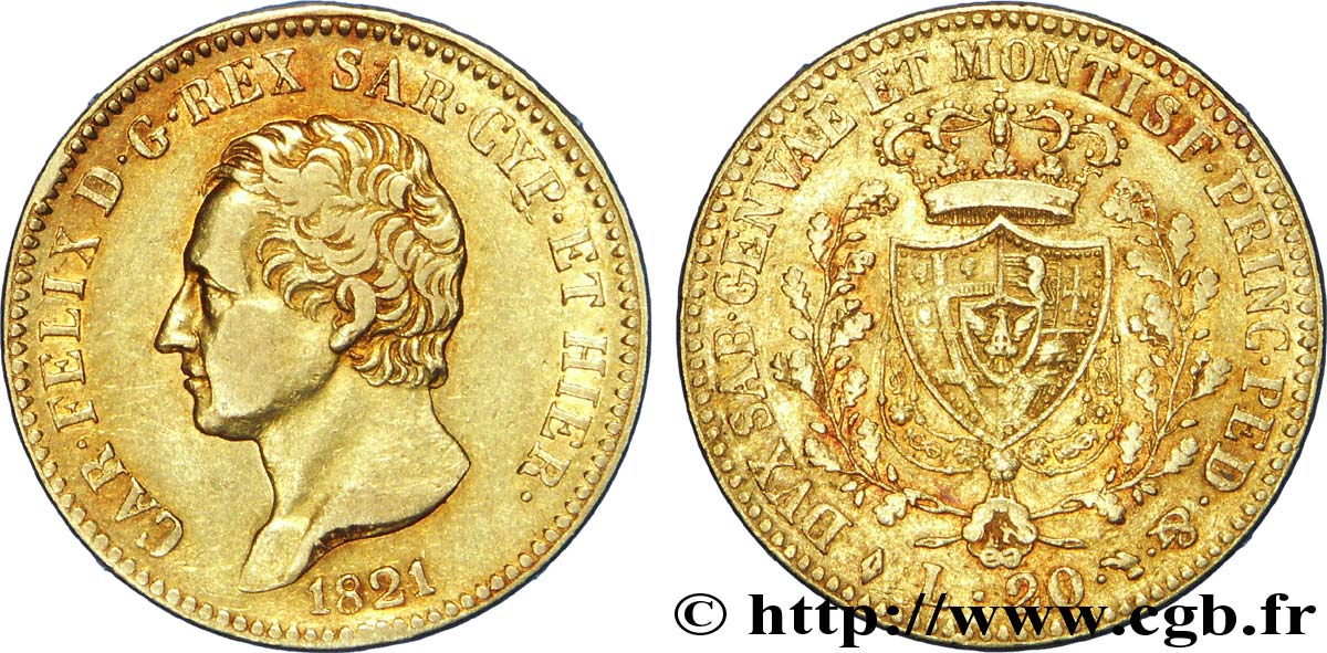 ITALY - KINGDOM OF SARDINIA 20 Lire or Charles-Félix roi de Sardaigne / écu de Savoie 1821 Turin XF 