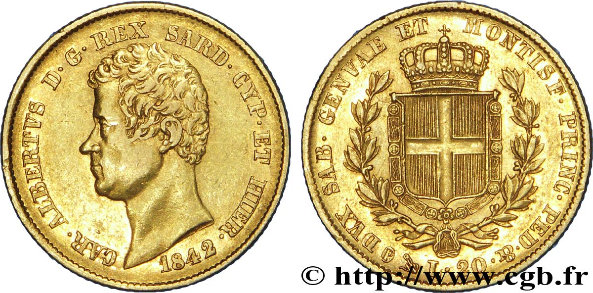 ITALIA - REINO DE CERDEÑA 20 Lire or Charles-Albert roi de Sardaigne / écu de Savoie 1842 Gênes MBC+ 