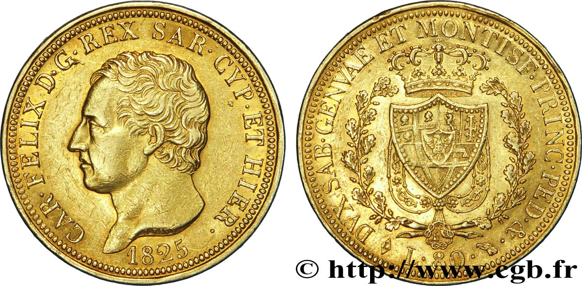 ITALIA - REINO DE CERDEÑA 80 Lire or Charles-Félix roi de Sardaigne / écu de Savoie 1825 Turin MBC+ 