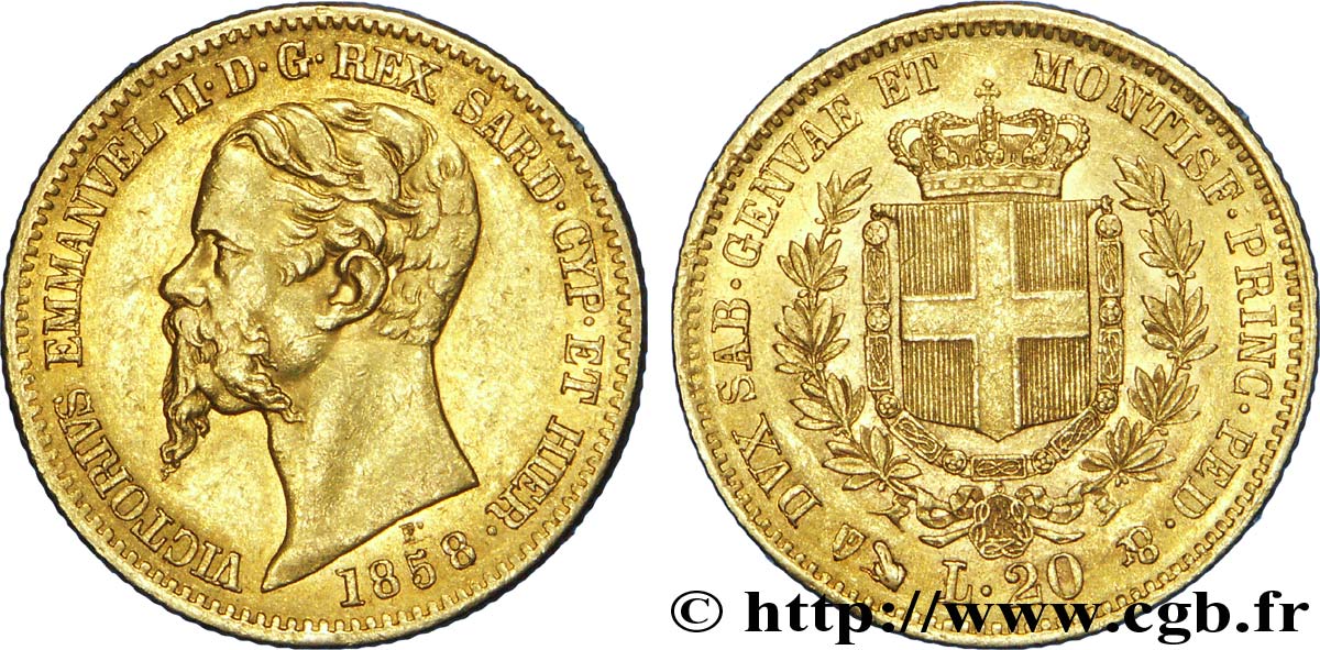 ITALIA - REGNO DE SARDINIA 20 Lire or Victor-Emmanuel roi de Sardaigne / écu de Savoie 1858 Gênes q.SPL 