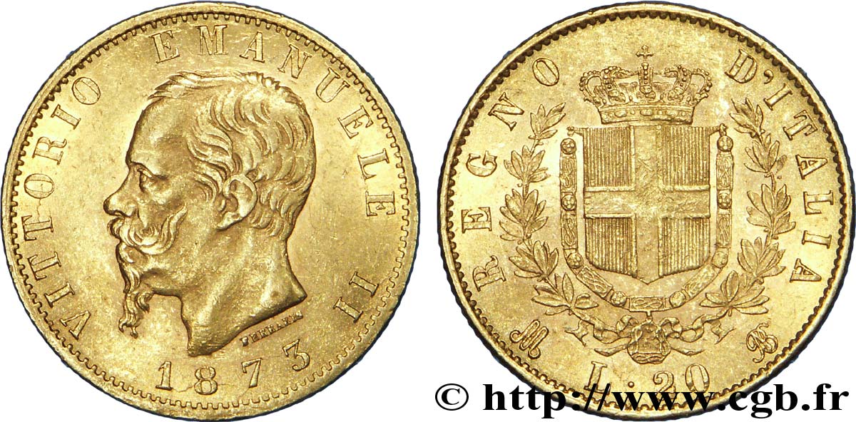 ITALY 20 Lire or Victor Emmanuel II, roi d’Italie 1873 Milan AU 