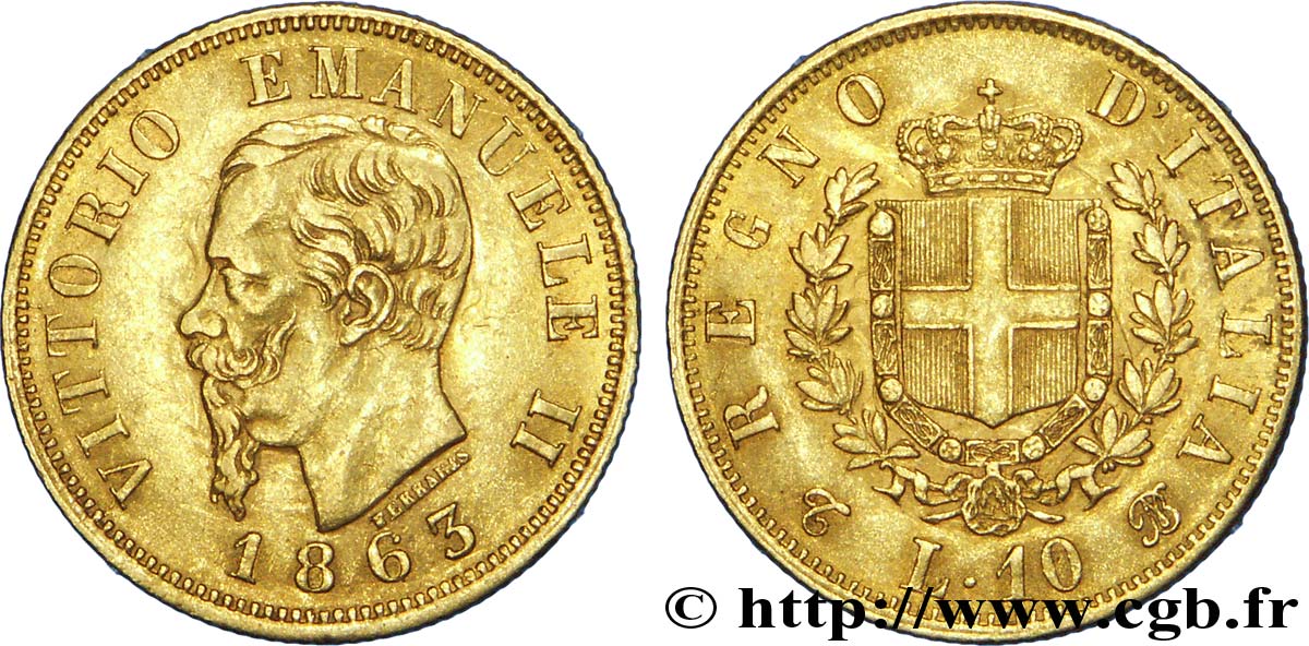 ITALY 10 Lire or Victor Emmanuel II, roi d’Italie 1863 Turin XF 