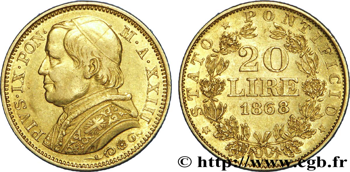 VATICAN AND PAPAL STATES 20 Lire Pie IX anno XXIII 1868 Rome XF 