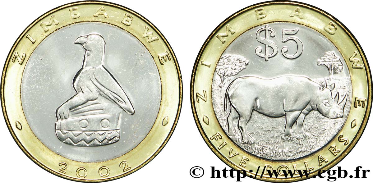 ZIMBABWE 5 Dollars emblème à l’aigle / Rhinocéros 2002  SPL 