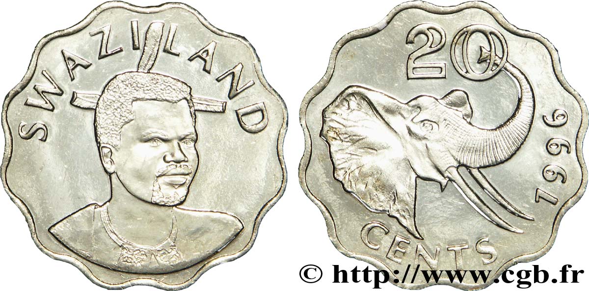 SWASILAND 20 Cents Roi Msawati III / éléphant 1996  fST 