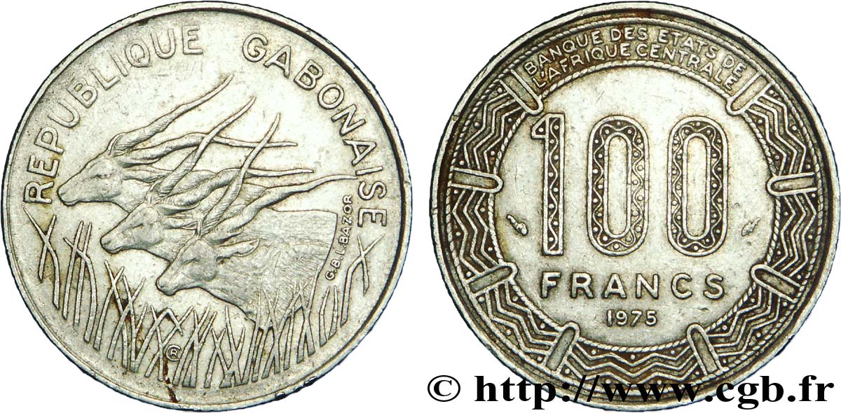 GABóN 100 Francs antilopes 1975 Paris MBC 