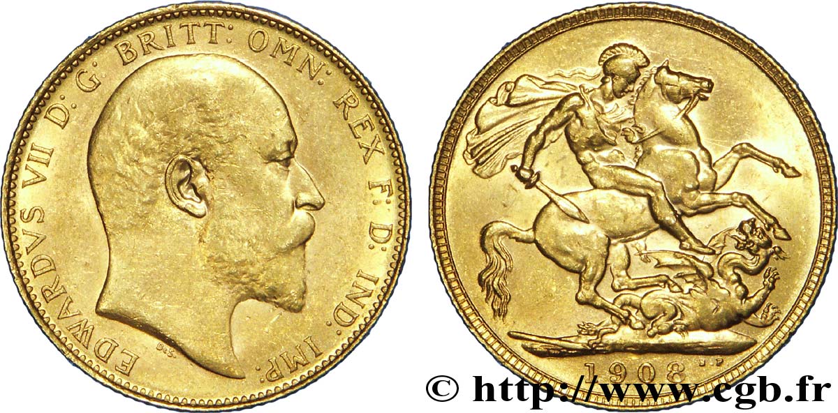 VEREINIGTEN KÖNIGREICH 1 Souverain Edouard VII / St Georges terrassant le dragon 1908 Londres fVZ 