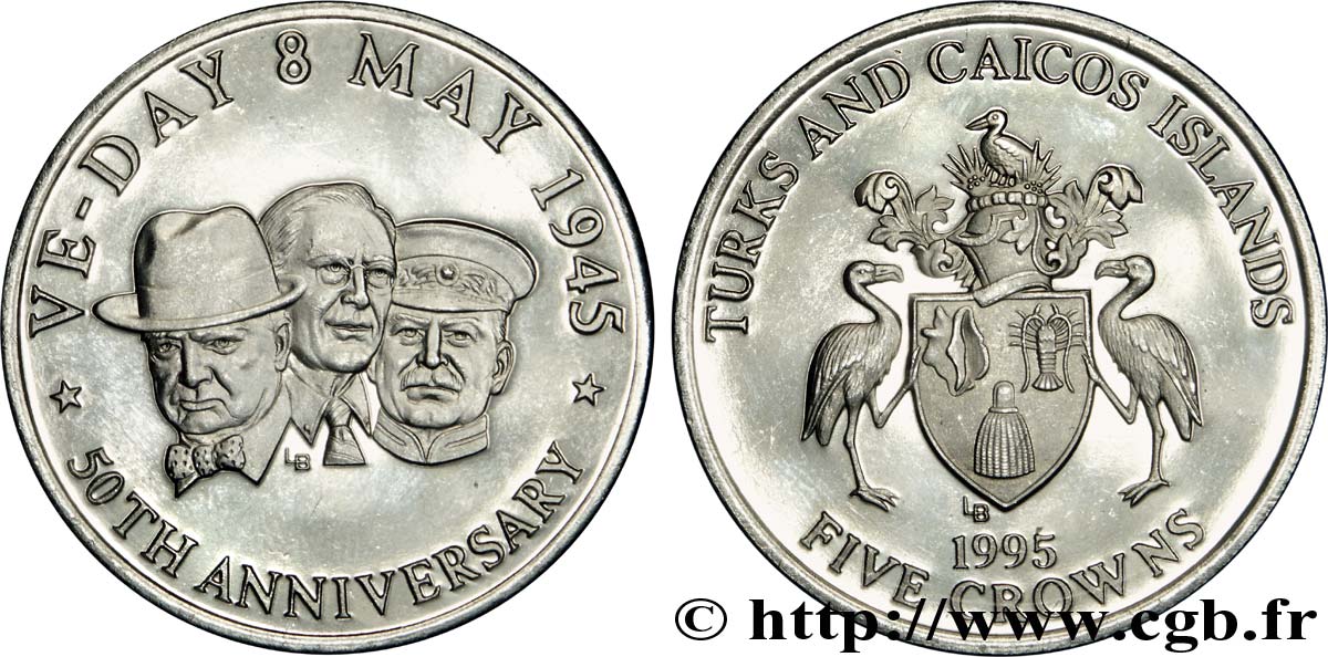 TURKS & CAICOS ISLANDS 5 Crowns 50e anniversaire du 8 mai 1945 : emblème / Churchill, Roosevelt et Staline 1995  MS 
