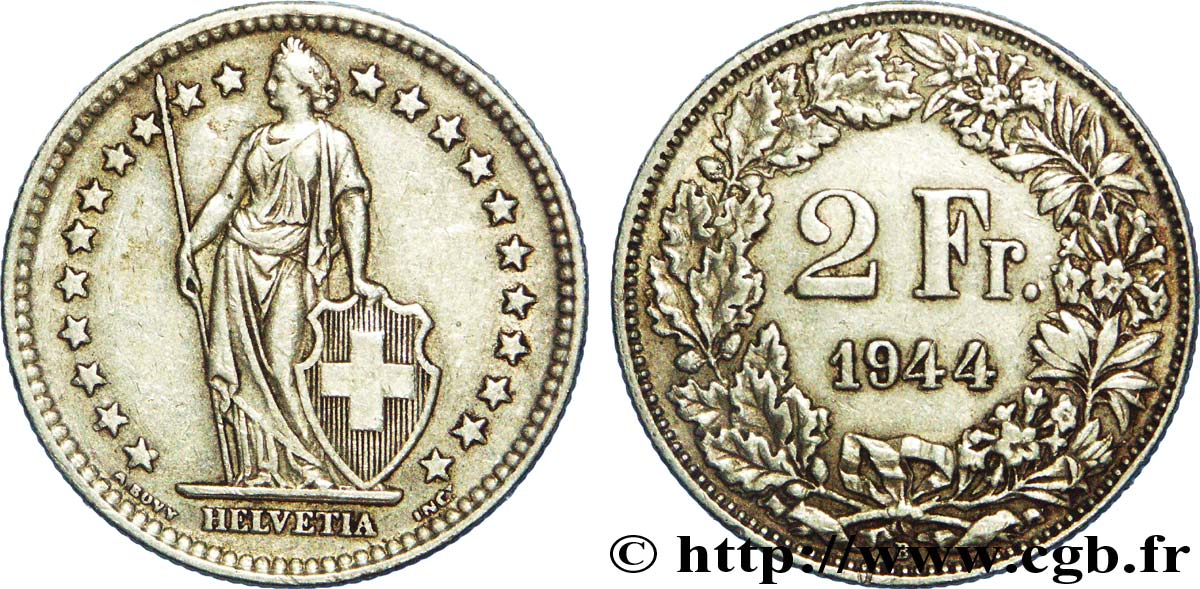 SCHWEIZ 2 Francs Helvetia 1944 Berne SS 