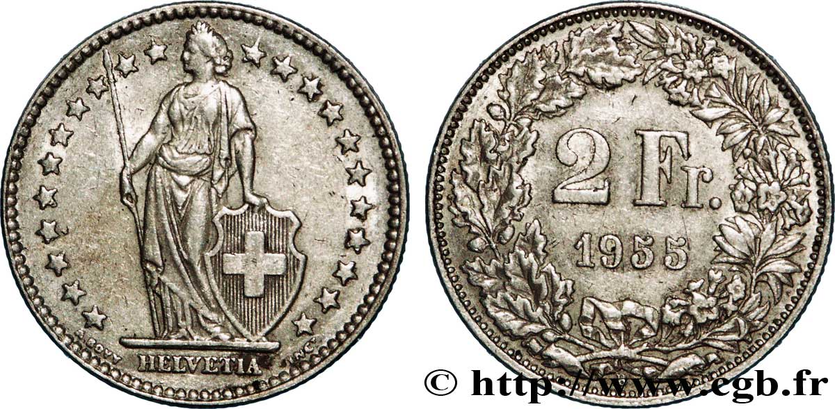 SVIZZERA  2 Francs Helvetia 1955 Berne q.SPL 