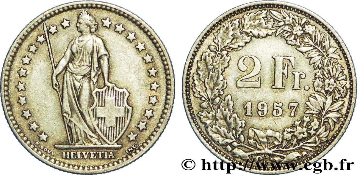 SWITZERLAND 2 Francs Helvetia 1957 Berne - B AU 