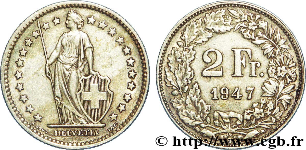 SWITZERLAND 2 Francs Helvetia 1947 Berne - B AU 