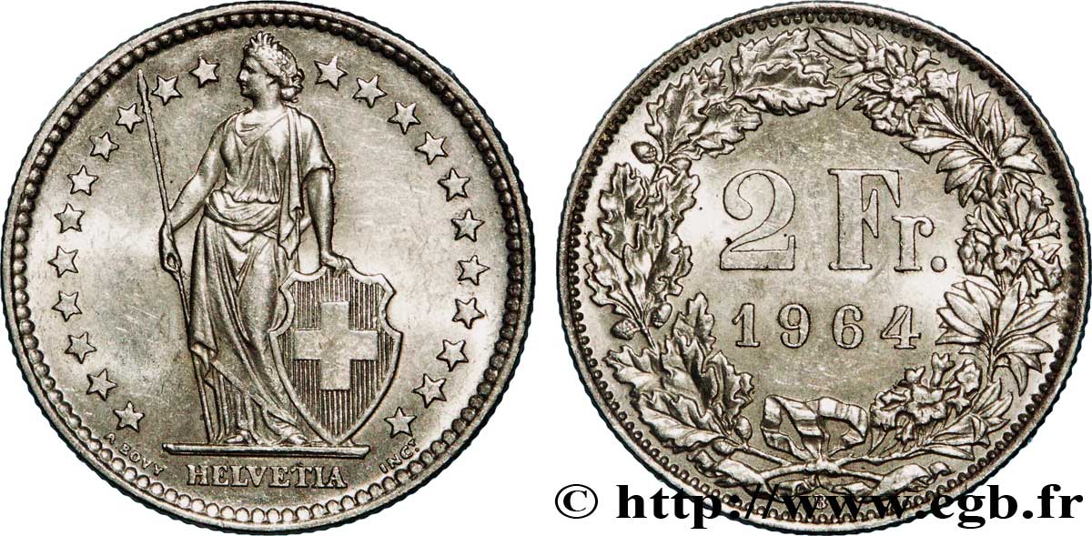SWITZERLAND 2 Francs Helvetia 1964 Berne - B AU 