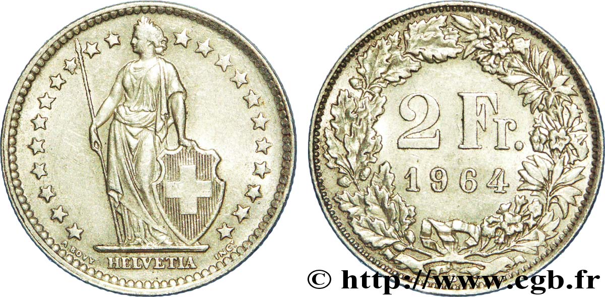 SWITZERLAND 2 Francs Helvetia 1964 Berne - B AU 