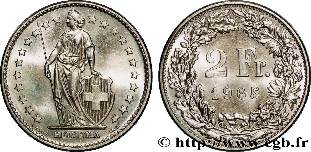 SCHWEIZ 2 Francs Helvetia 1965 Berne - B fST 