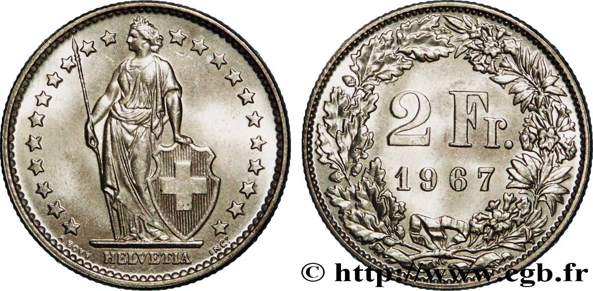 SCHWEIZ 2 Francs Helvetia 1967 Berne - B fST 