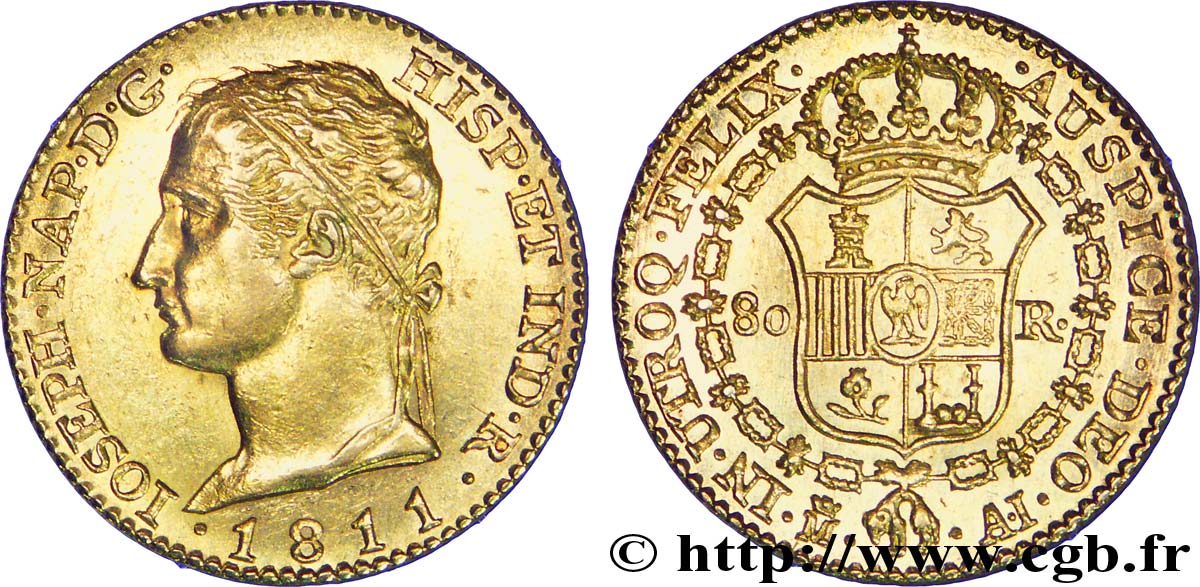 SPANIEN 80 Reales OR, 2e type Joseph Napoléon 1811 Madrid VZ58 