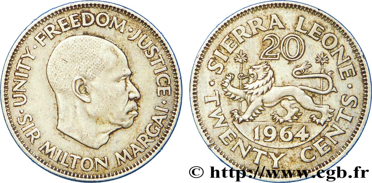 SIERRA LEONE 20 Cents lion / Sir Milton Margai 1964  VZ 