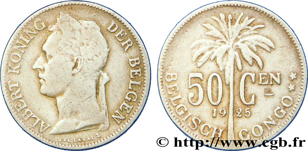 CONGO BELGE 50 Centimes roi Albert  légende flamande / palmier 1925  TB 