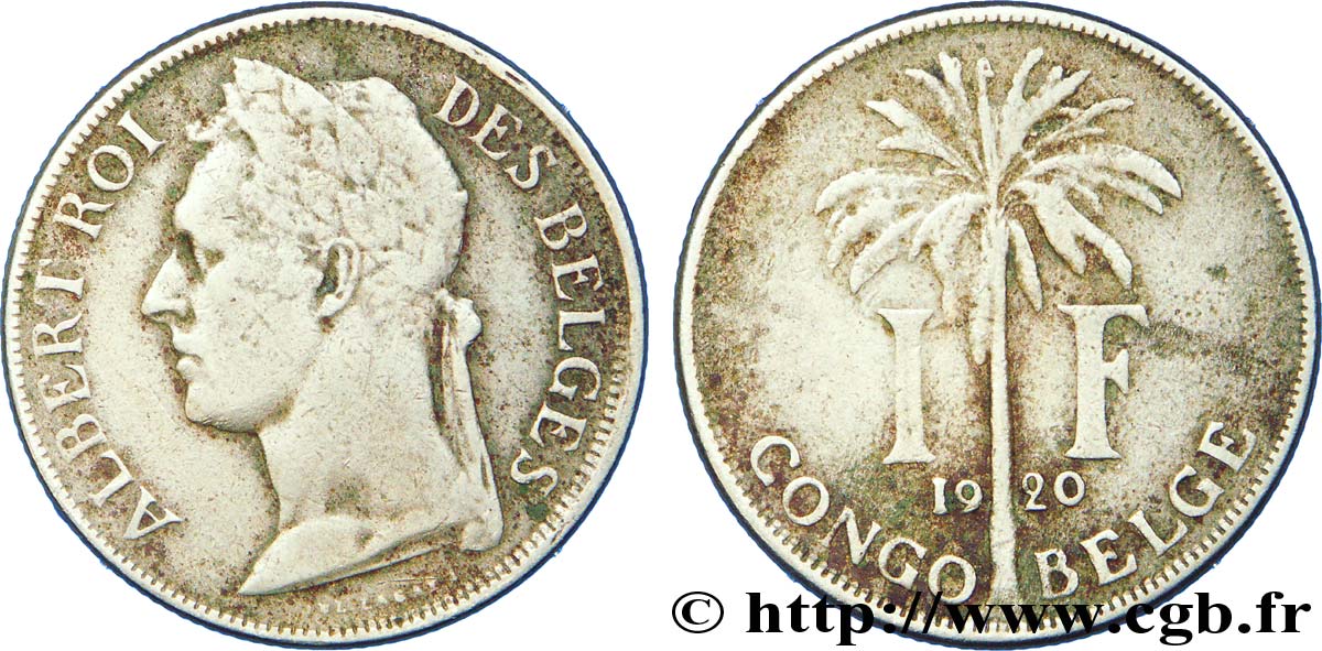 BELGIAN CONGO 1 Franc roi Albert légende française 1920  VF 