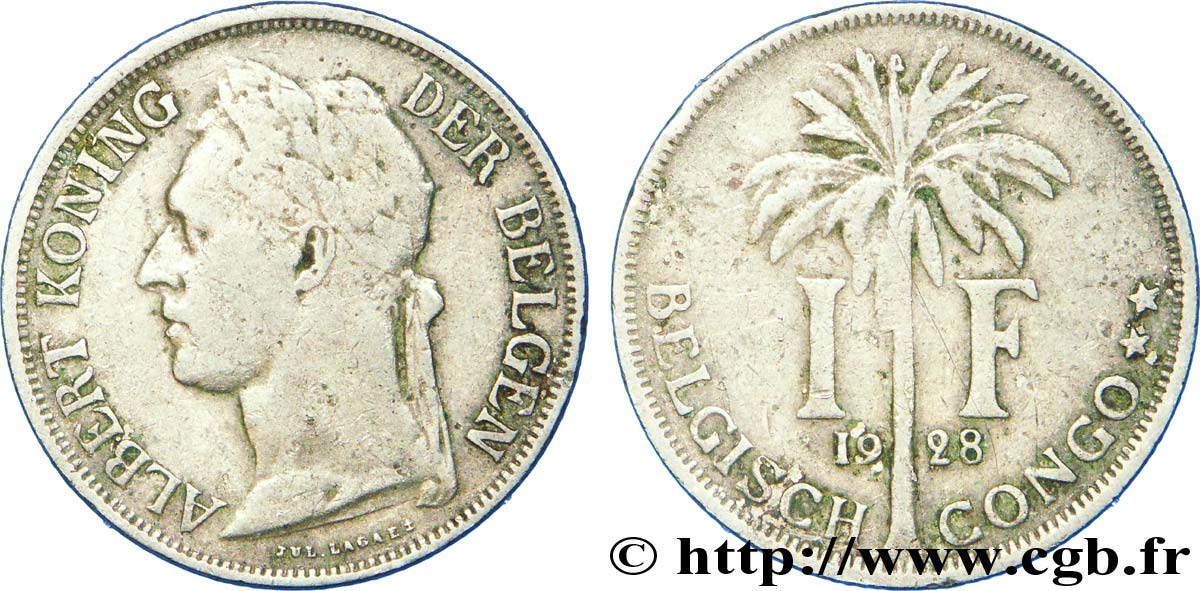 BELGISCH-KONGO 1 Franc roi Albert légende flamande 1928  S 
