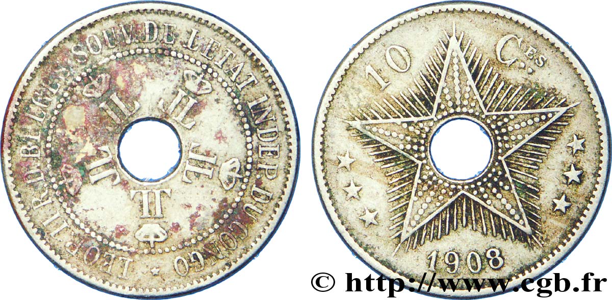 CONGO FREE STATE 10 Centimes monogramme L (Léopold) couronné 1908  VF 