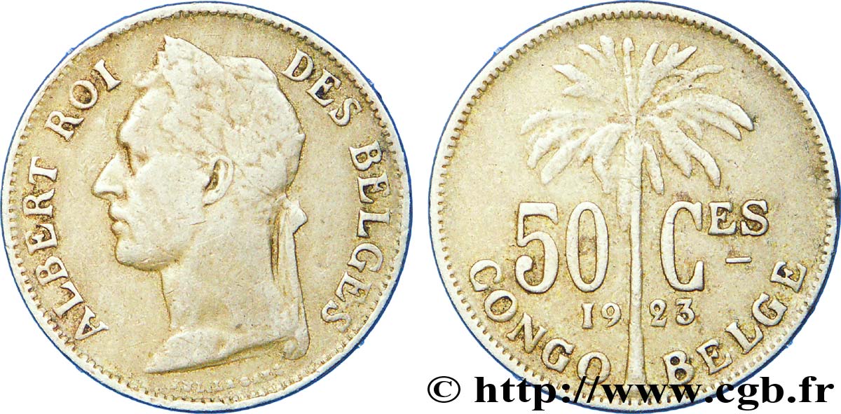 CONGO BELGA 50 Centimes roi Albert  légende française / palmier 1923  MB 