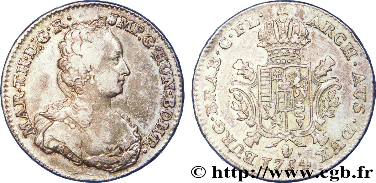 BELGIO - PAESI BASSI AUSTRIACI 1/2 Ducaton Pays-Bas Autrichiens Marie-Thérèse / armes 1754 Anvers q.BB 