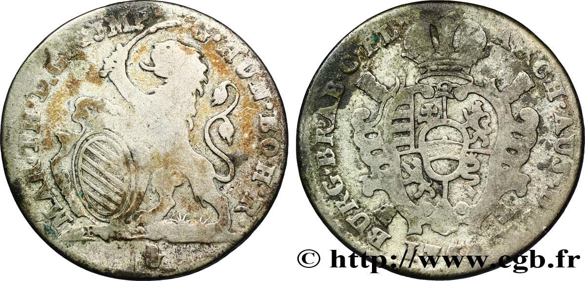 BELGIUM - AUSTRIAN NETHERLANDS 1 Escalin frappe au nom de Marie-Thérèse : lion / armes 1754 Anvers F 