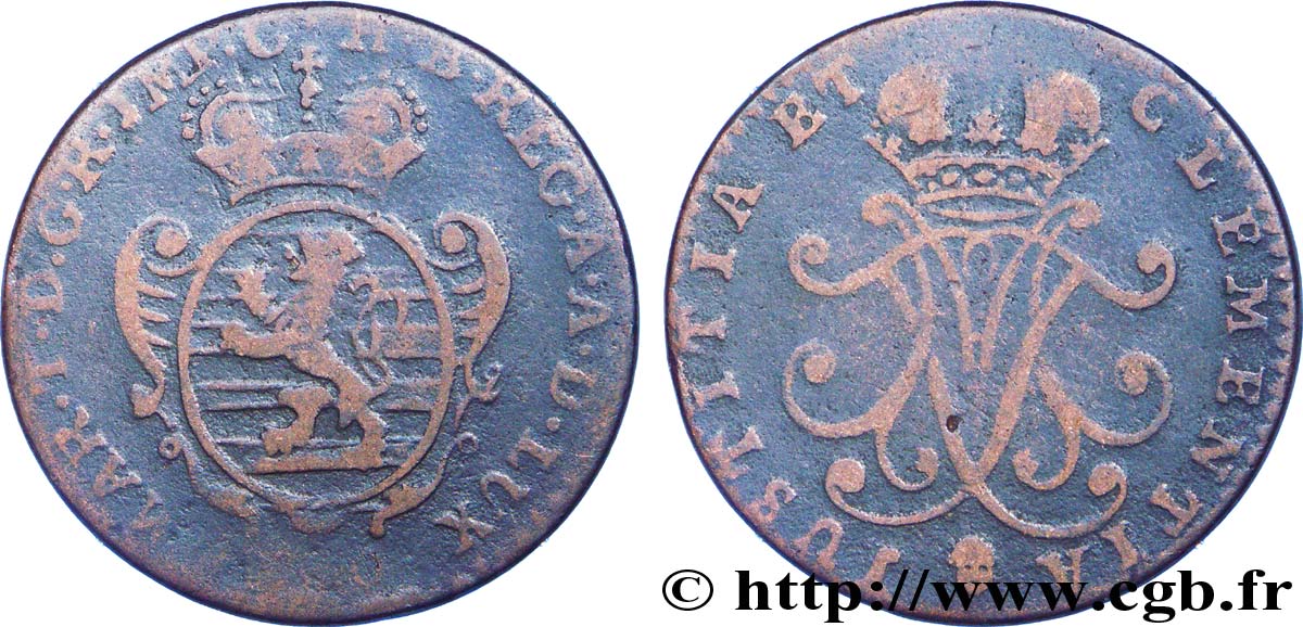 LUXEMBOURG 1 Liard emblème / monogramme couronné de Marie-Thérèse d’Autriche 1759 Bruxelles VF 