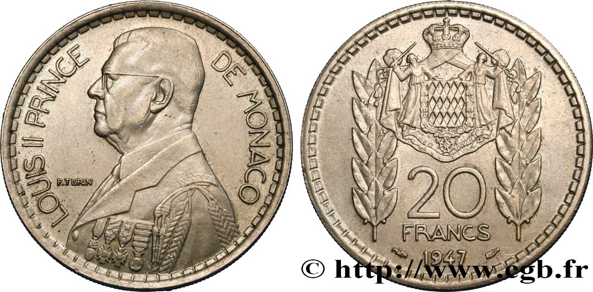 MONACO 20 Francs prince Louis II / armes 1947 Paris AU 