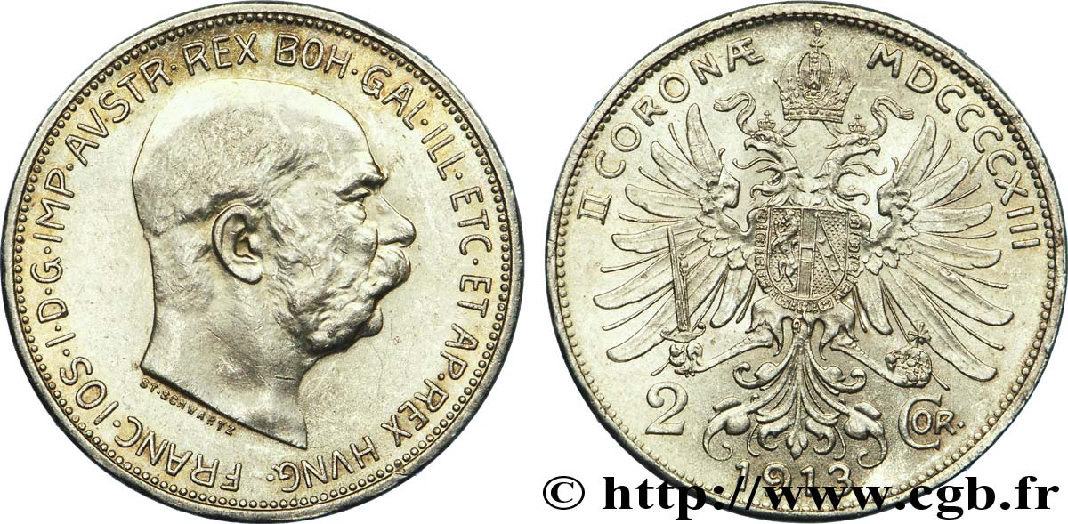 AUSTRIA 2 Corona François-Joseph Ier  / aigle héraldique 1913  SPL 