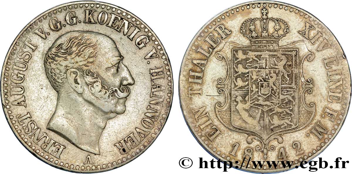GERMANY - HANOVER 1 Thaler Ernest Auguste  roi de Hanovre / armes couronnées  1842 Clausthal - A VF 