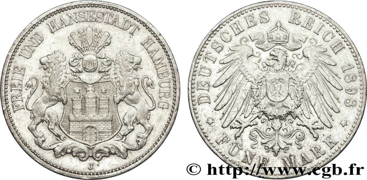 GERMANIA - LIBERA CITTA DE AMBURGO 5 Mark blason de Hambourg / aigle 1898 Hambourg - J BB 