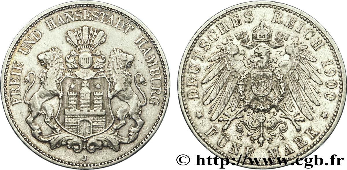 GERMANY - HAMBURG FREE CITY 5 Mark blason de Hambourg / aigle 1900 Hambourg - J XF 