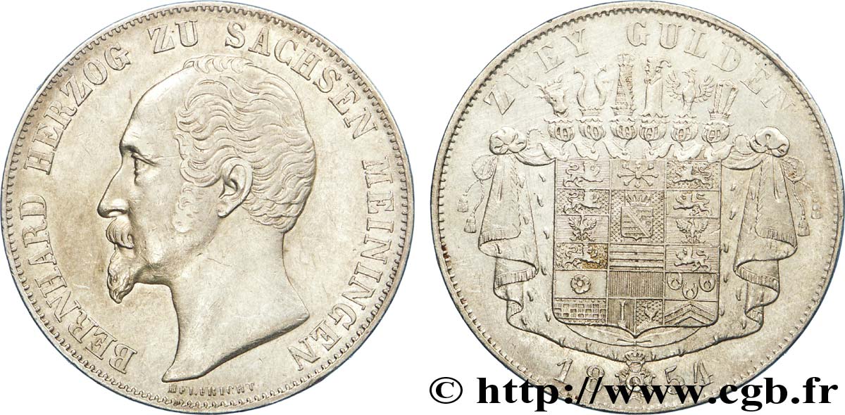 ALLEMAGNE - SAXE-MEININGEN 2 Gulden Bernard II duc de Saxe-Meiningen / armes couronnées 1854  TTB+ 