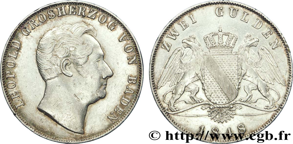 GERMANIA - BADEN 2 Gulden Léopold Ier de Bade 1848 Karlsruhe q.BB 