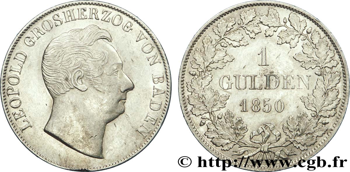 ALEMANIA - BADEN 1 Gulden Léopold Grand-Duc de Bade 1850 Karlsruhe MBC+ 