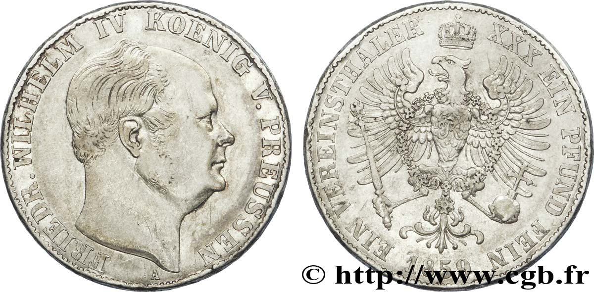 ALEMANIA - PRUSIA 1 Vereinsthaler Frédéric Guillaume IV roi de Prusse / aigle héraldique 1859 Berlin BC 