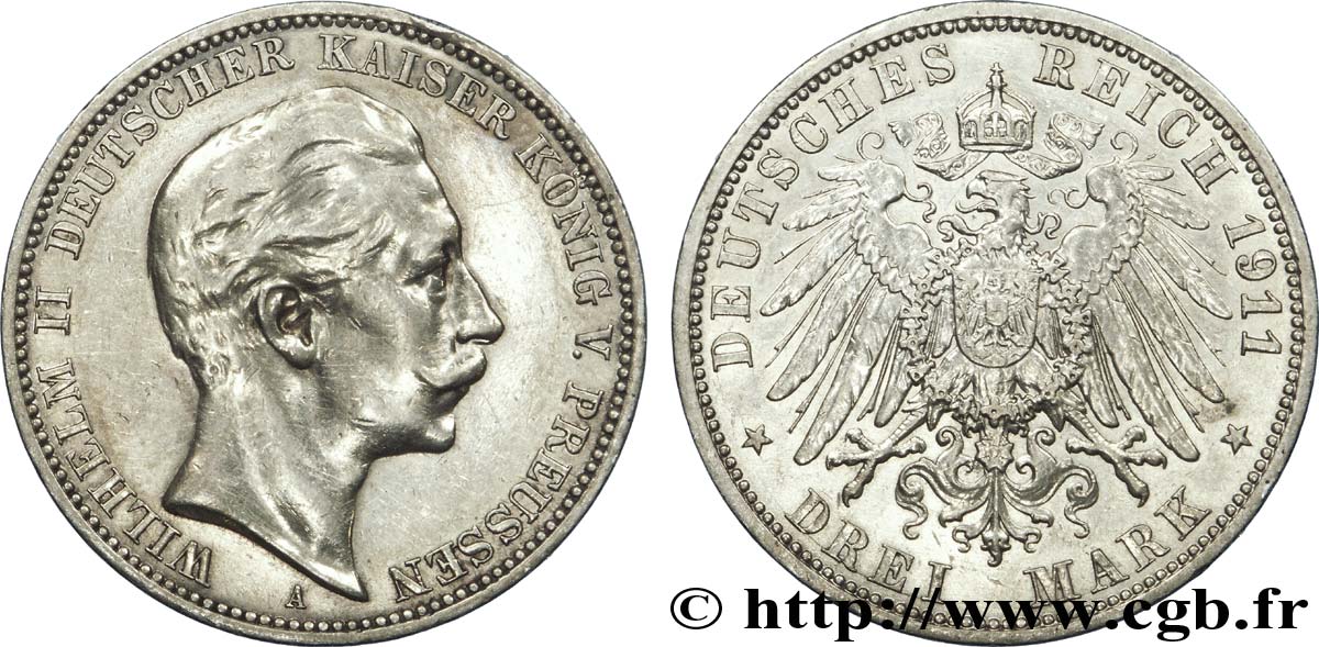 GERMANIA - PRUSSIA 3 Mark Guillaume II roi de Prusse et empereur / aigle héraldique 1911 Berlin BB 