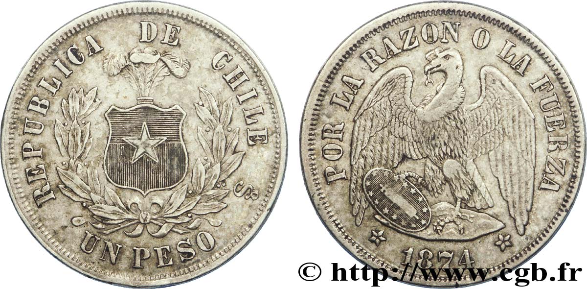CHILE 1 Peso condor 1874 Santiago  AU 