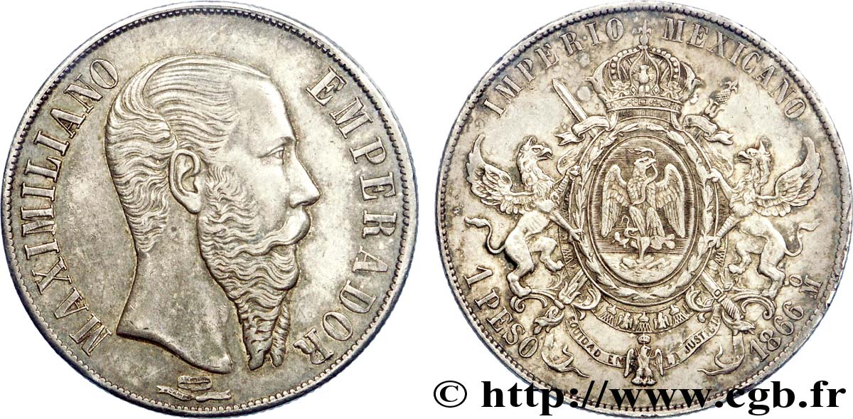 MEXIKO 1 Peso Empereur Maximilien 1866 Mexico VZ 