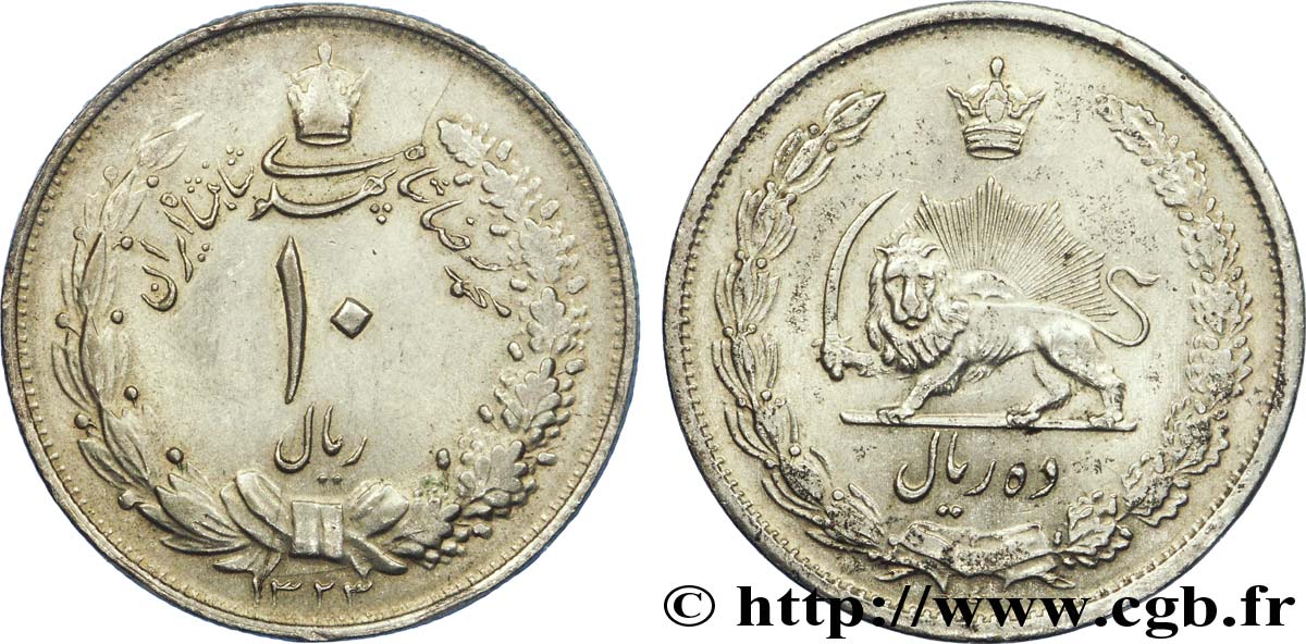 IRAN 10 Rials frappe au nom de Muhammad Reza Shah Pahlavi / lion et soleil SH1323 1944  VZ 