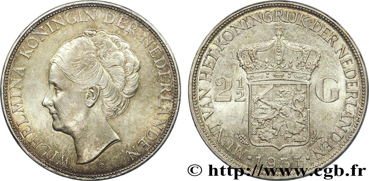 NETHERLANDS 2 1/2 Gulden Wilhelmina 1937 Utrecht AU 