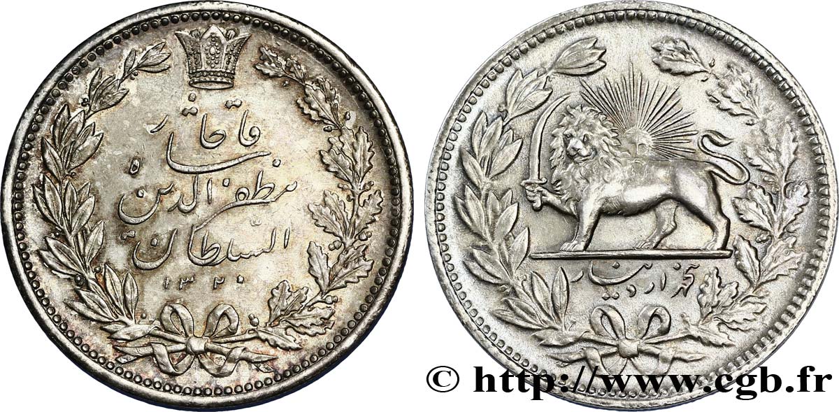 IRAN 5 Kran au nom de Muzaffar al-Din Shah lion iranien AH 1320 1902 Téhéran VZ 