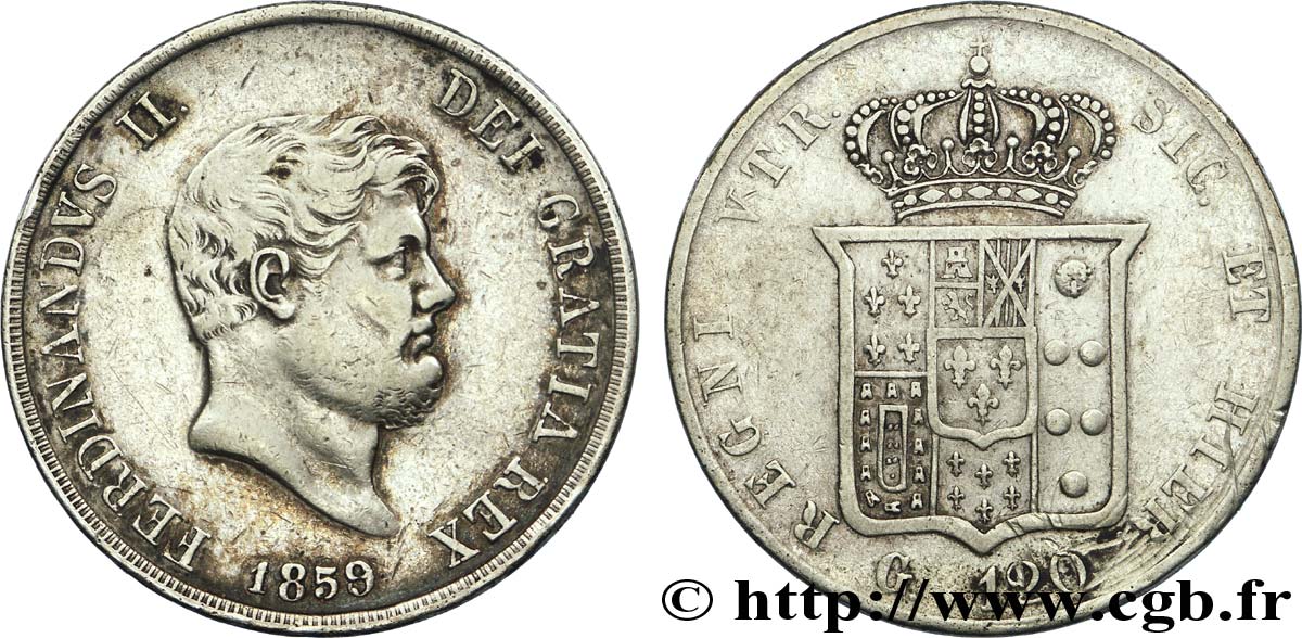 ITALIA - REINO DE LAS DOS SICILIAS 120 Grana Ferdinand II, roi de Naples et Sicile 1859 Naples MBC 