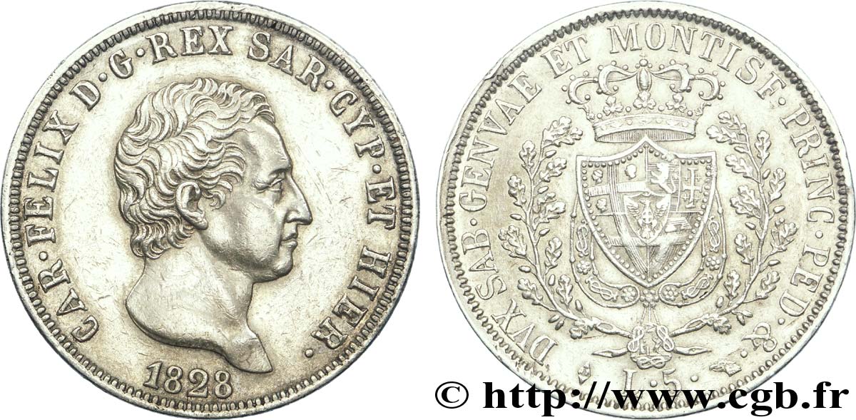 ITALY - KINGDOM OF SARDINIA 5 Lire Charles-Félix 1828 Turin XF 